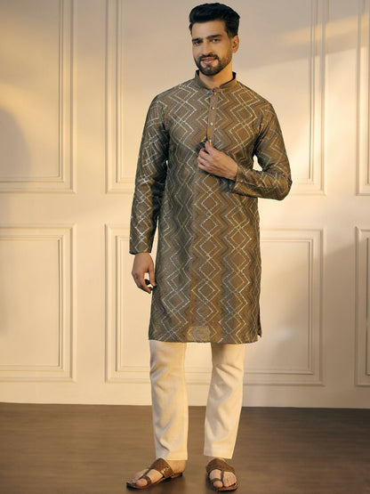 Men’s Grey Chevron Embroidered Cotton Kurta with Gotta Patti