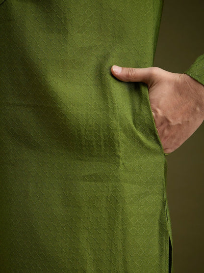 Green Embroidered Cotton Kurta with Pockets & Mandarin Collar