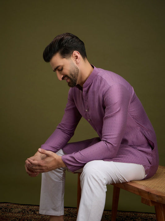 Purple Geometric Embroidered Pure Cotton Kurta with Pockets