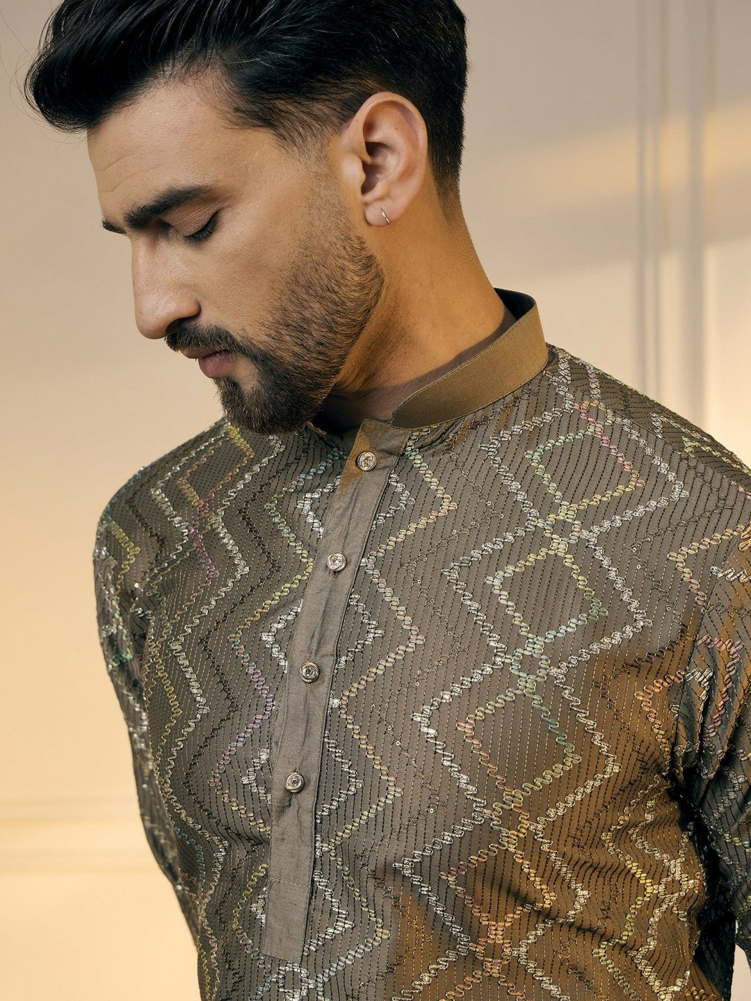 Men’s Grey Chevron Embroidered Cotton Kurta with Gotta Patti