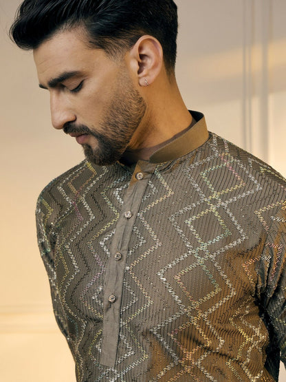 Men’s Grey Chevron Embroidered Cotton Kurta with Gotta Patti