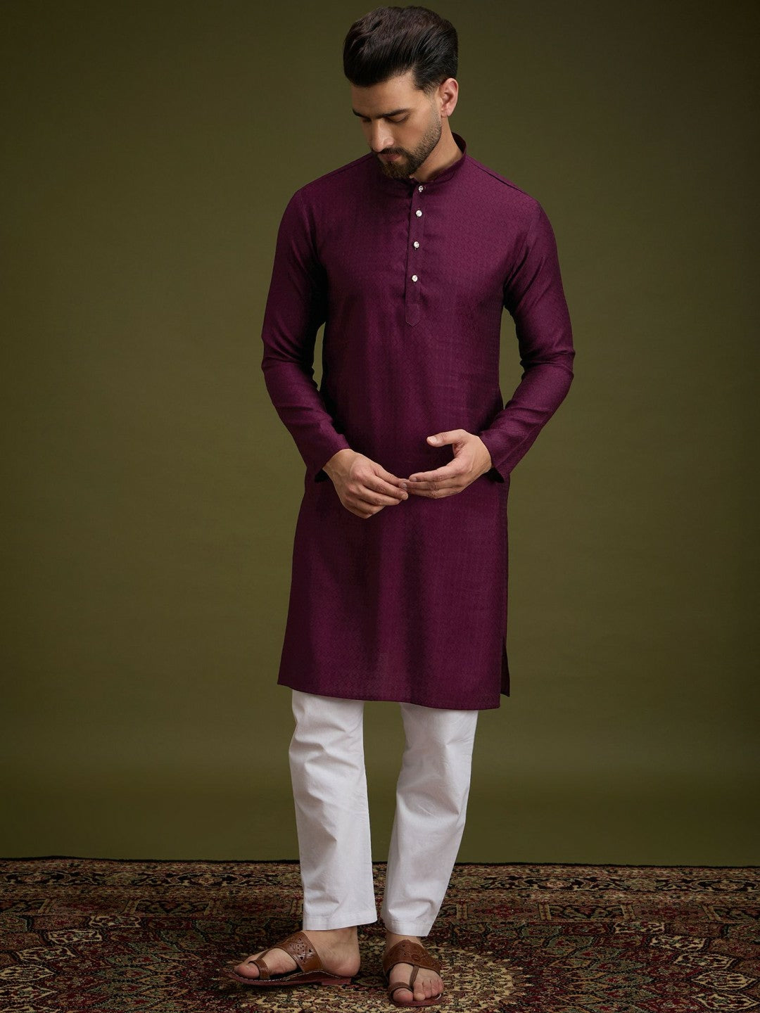 Purple Striped Embroidered Cotton Kurta with Sequins & Pockets