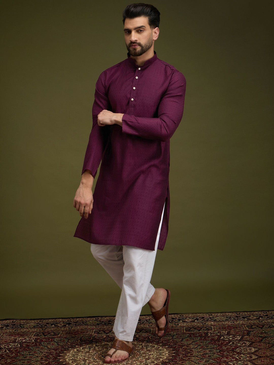 Purple Striped Embroidered Cotton Kurta with Sequins & Pockets