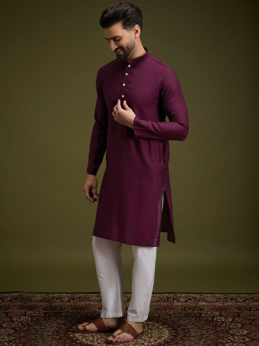 Purple Striped Embroidered Cotton Kurta with Sequins & Pockets
