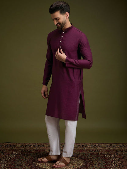 Purple Striped Embroidered Cotton Kurta with Sequins & Pockets