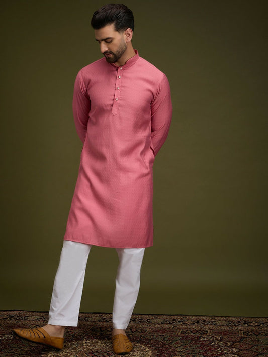 Pink Geometric Woven Pure Cotton Kurta with Mandarin Collar
