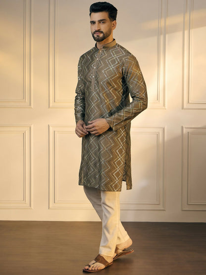 Men’s Grey Chevron Embroidered Cotton Kurta with Gotta Patti