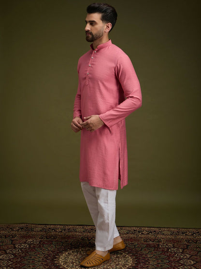 Pink Geometric Woven Pure Cotton Kurta with Mandarin Collar