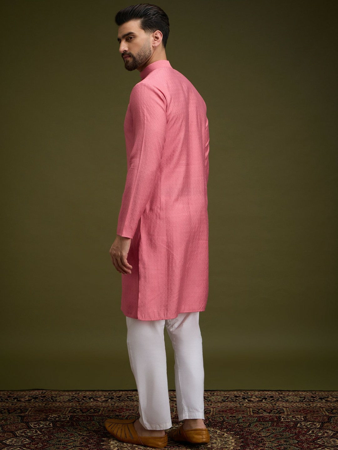Pink Geometric Woven Pure Cotton Kurta with Mandarin Collar