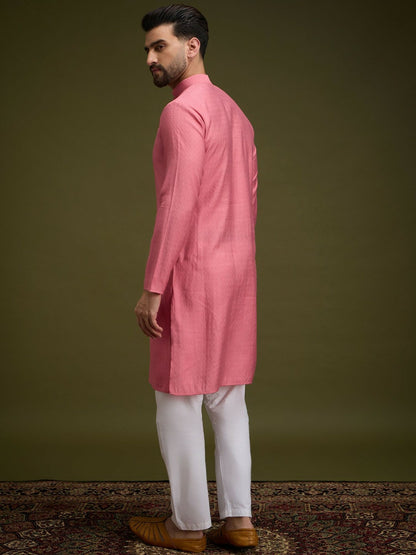 Pink Geometric Woven Pure Cotton Kurta with Mandarin Collar