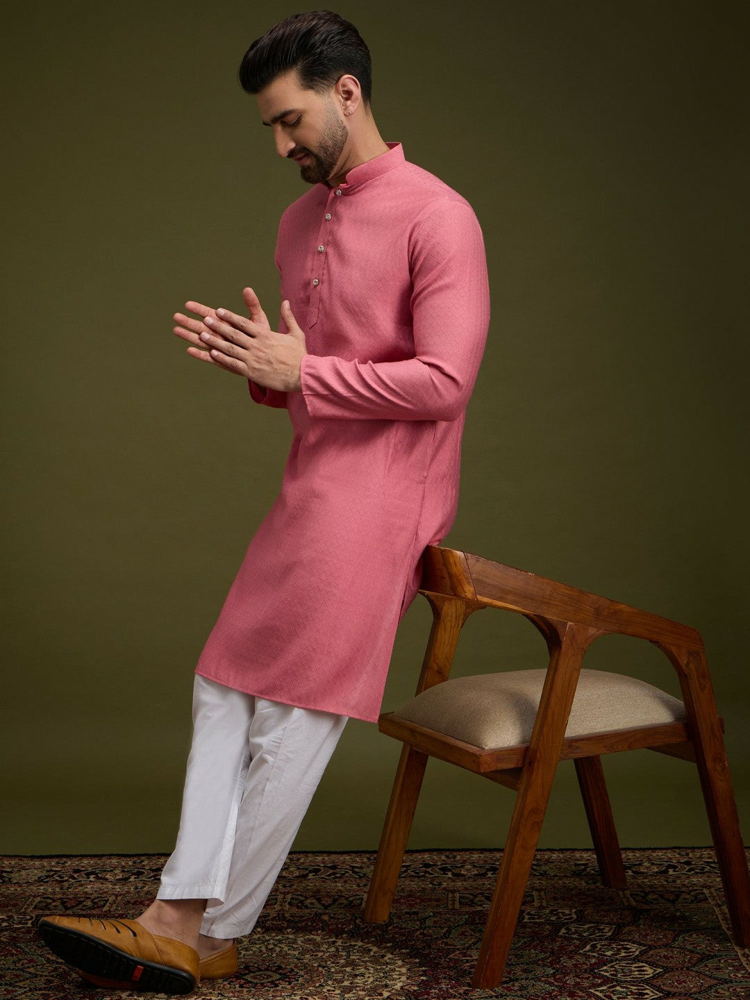 Pink Geometric Woven Pure Cotton Kurta with Mandarin Collar