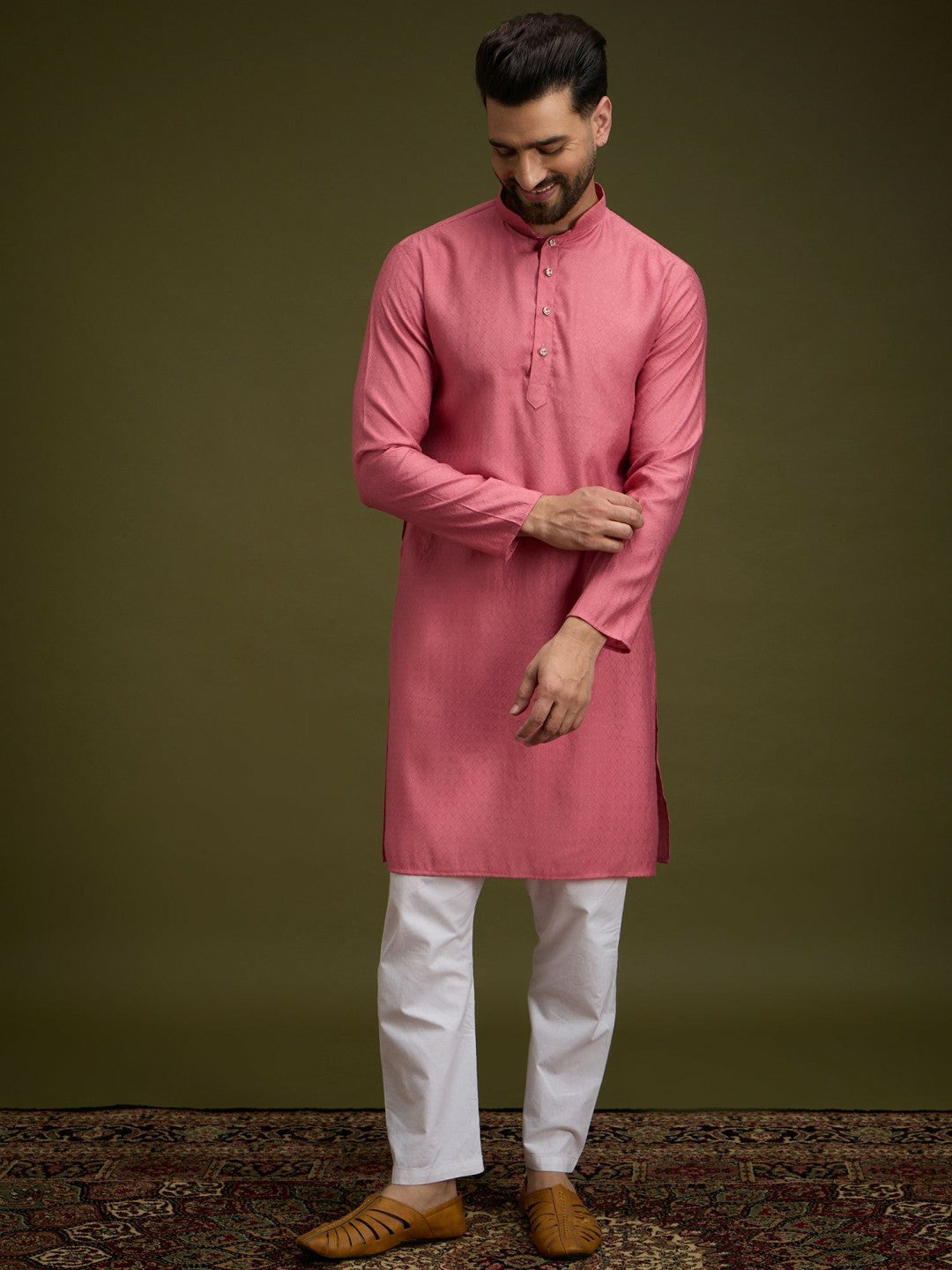 Pink Geometric Woven Pure Cotton Kurta with Mandarin Collar