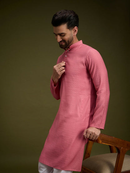 Pink Geometric Woven Pure Cotton Kurta with Mandarin Collar