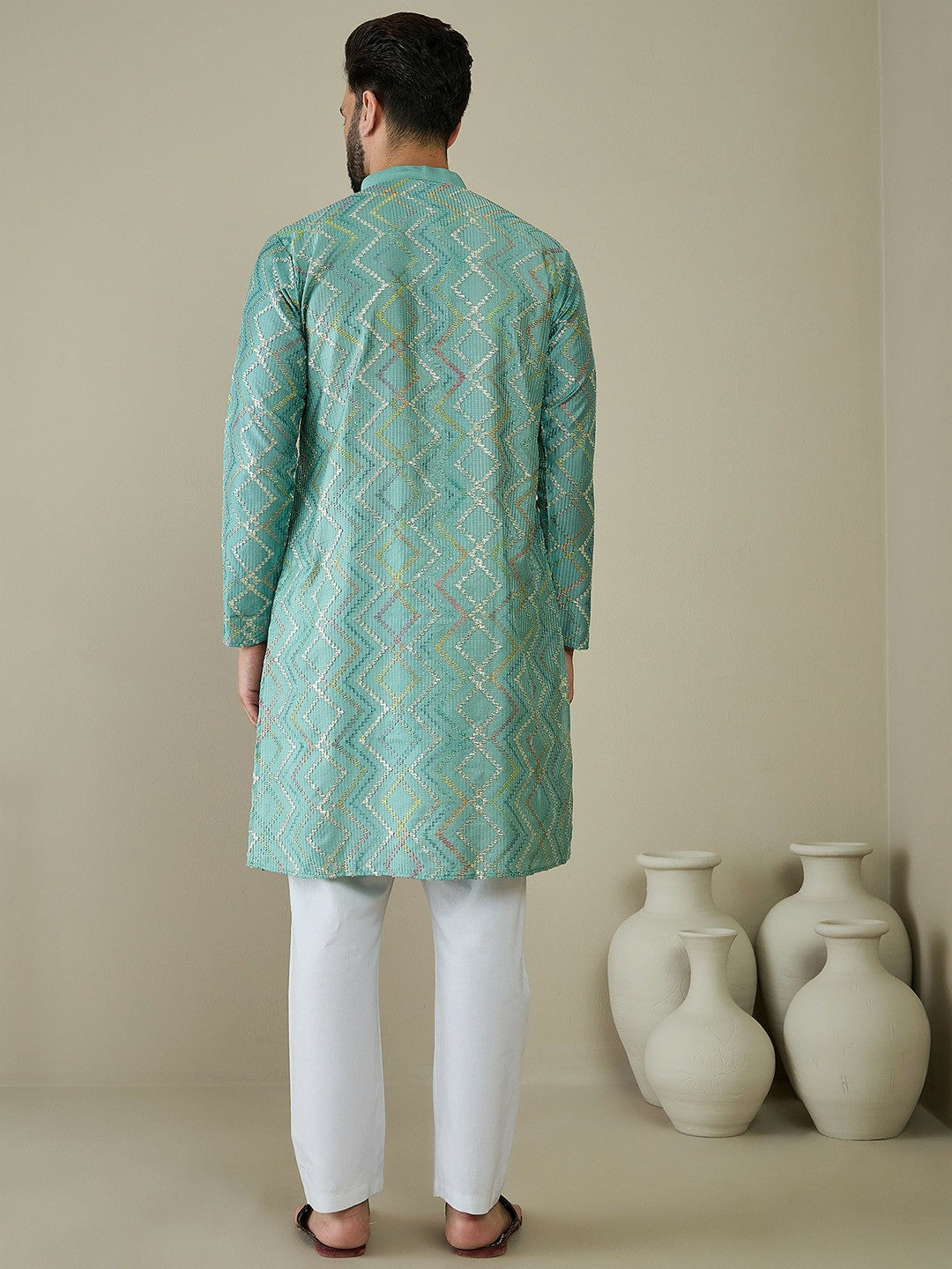 Men’s Sea Green Ethnic Motif Embroidered Kurta