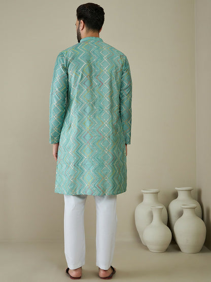 Men’s Sea Green Ethnic Motif Embroidered Kurta