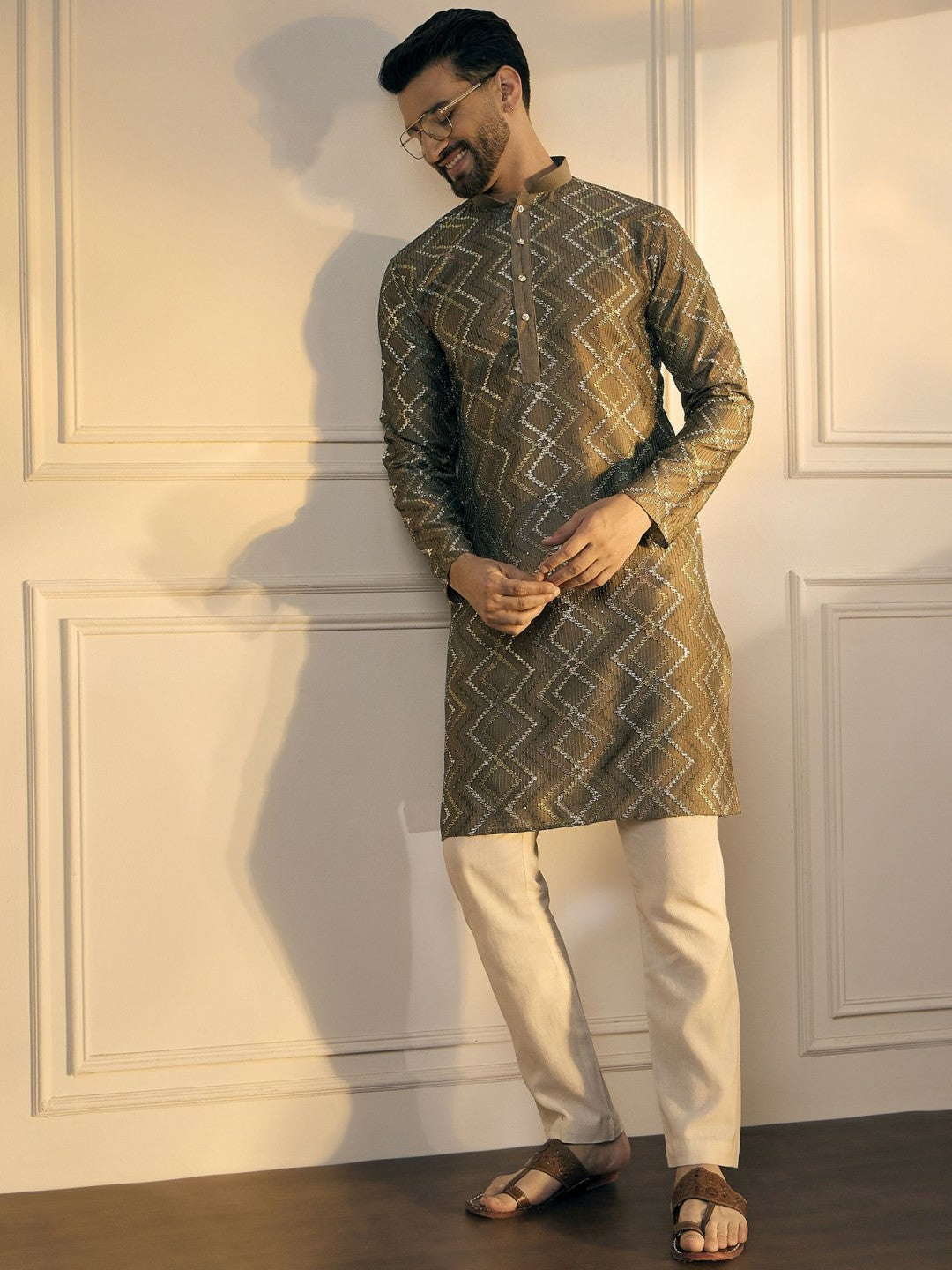 Men’s Grey Chevron Embroidered Cotton Kurta with Gotta Patti