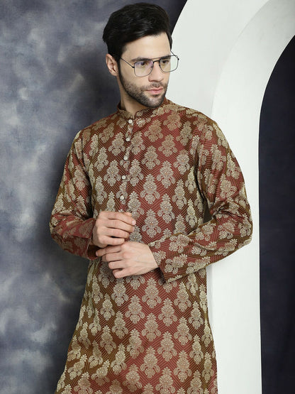 Maroon Ethnic Motif Jacquard Cotton Silk Kurta with Mandarin Collar