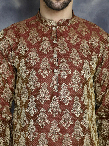 Maroon Ethnic Motif Jacquard Cotton Silk Kurta with Mandarin Collar