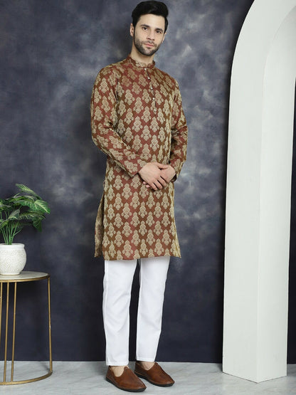 Maroon Ethnic Motif Jacquard Cotton Silk Kurta with Mandarin Collar