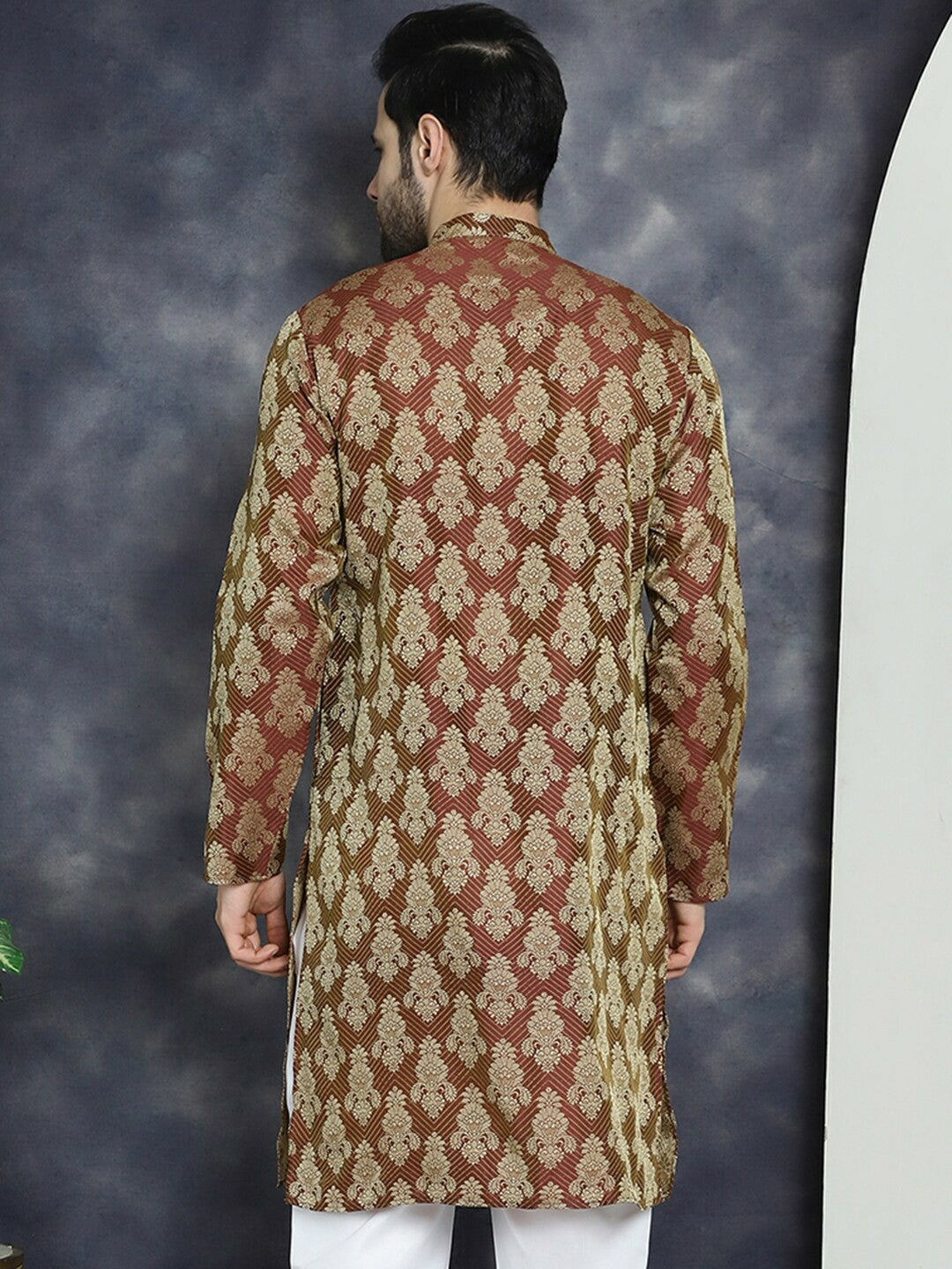 Maroon Ethnic Motif Jacquard Cotton Silk Kurta with Mandarin Collar