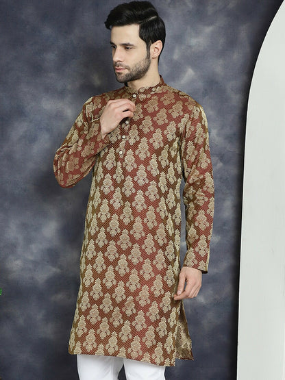 Maroon Ethnic Motif Jacquard Cotton Silk Kurta with Mandarin Collar