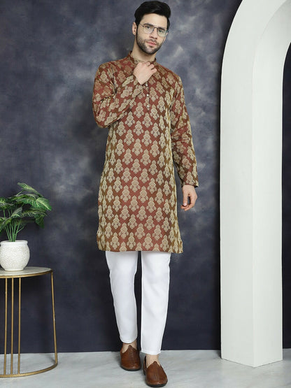 Maroon Ethnic Motif Jacquard Cotton Silk Kurta with Mandarin Collar