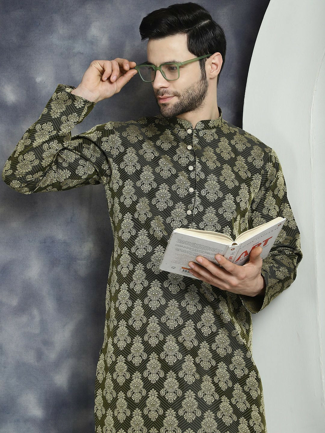 Olive Green Ethnic Motif Jacquard Cotton Silk Kurta with Mandarin Collar