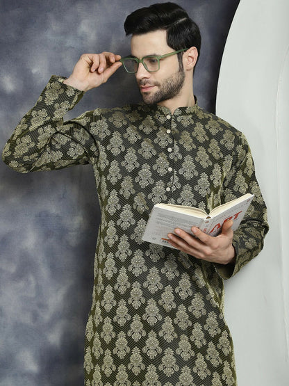 Olive Green Ethnic Motif Jacquard Cotton Silk Kurta with Mandarin Collar