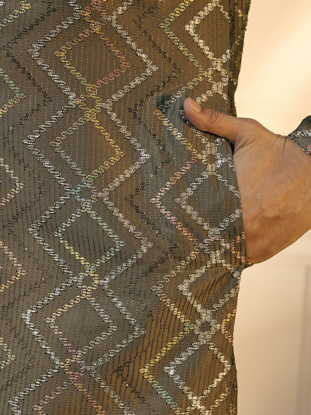 Men’s Grey Chevron Embroidered Cotton Kurta with Gotta Patti