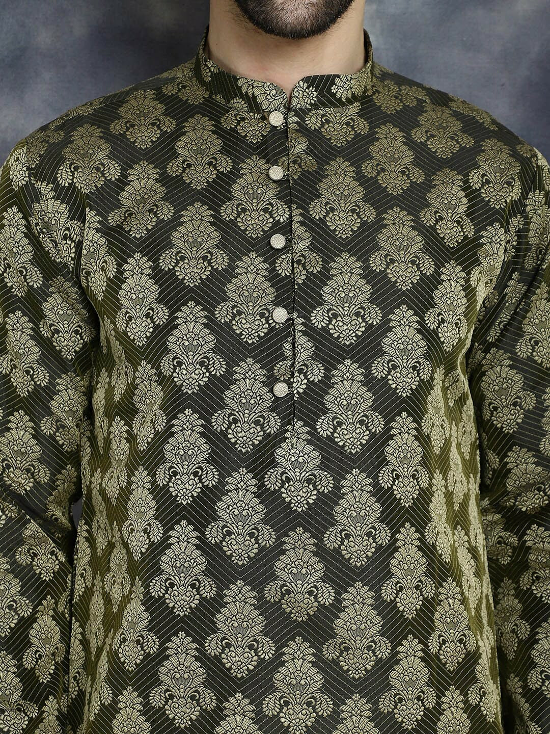 Olive Green Ethnic Motif Jacquard Cotton Silk Kurta with Mandarin Collar