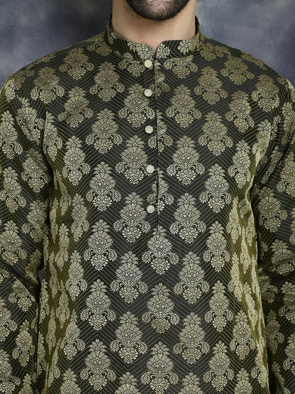 Olive Green Ethnic Motif Jacquard Cotton Silk Kurta with Mandarin Collar