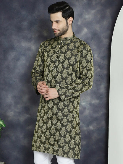 Olive Green Ethnic Motif Jacquard Cotton Silk Kurta with Mandarin Collar