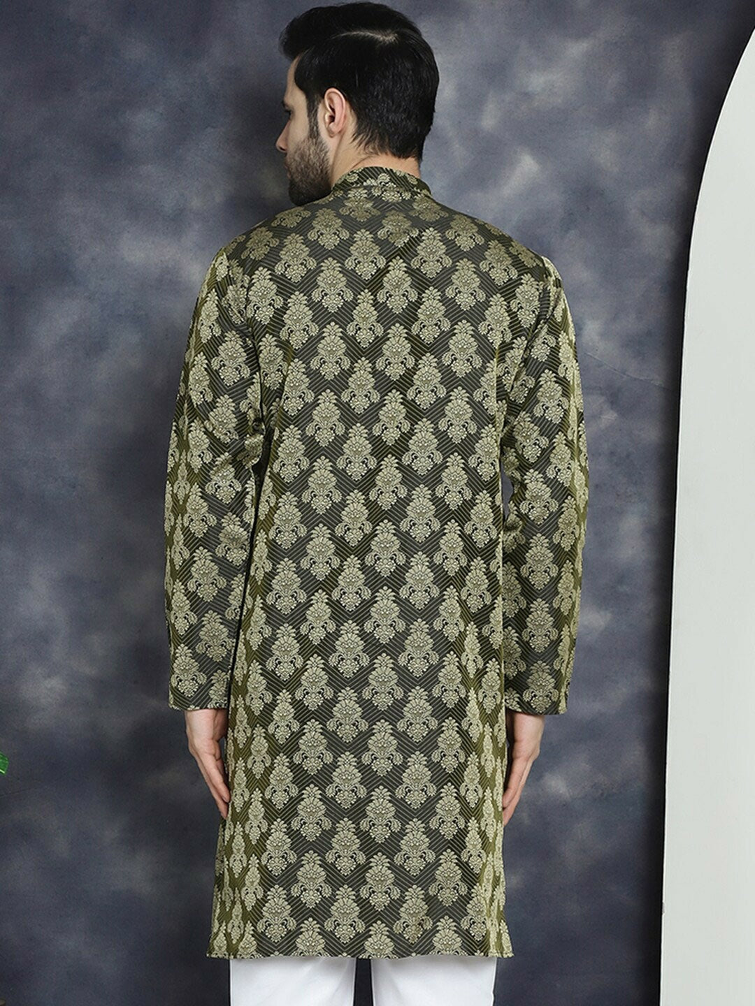 Olive Green Ethnic Motif Jacquard Cotton Silk Kurta with Mandarin Collar