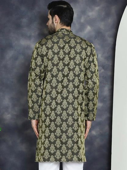 Olive Green Ethnic Motif Jacquard Cotton Silk Kurta with Mandarin Collar