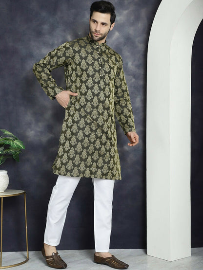 Olive Green Ethnic Motif Jacquard Cotton Silk Kurta with Mandarin Collar