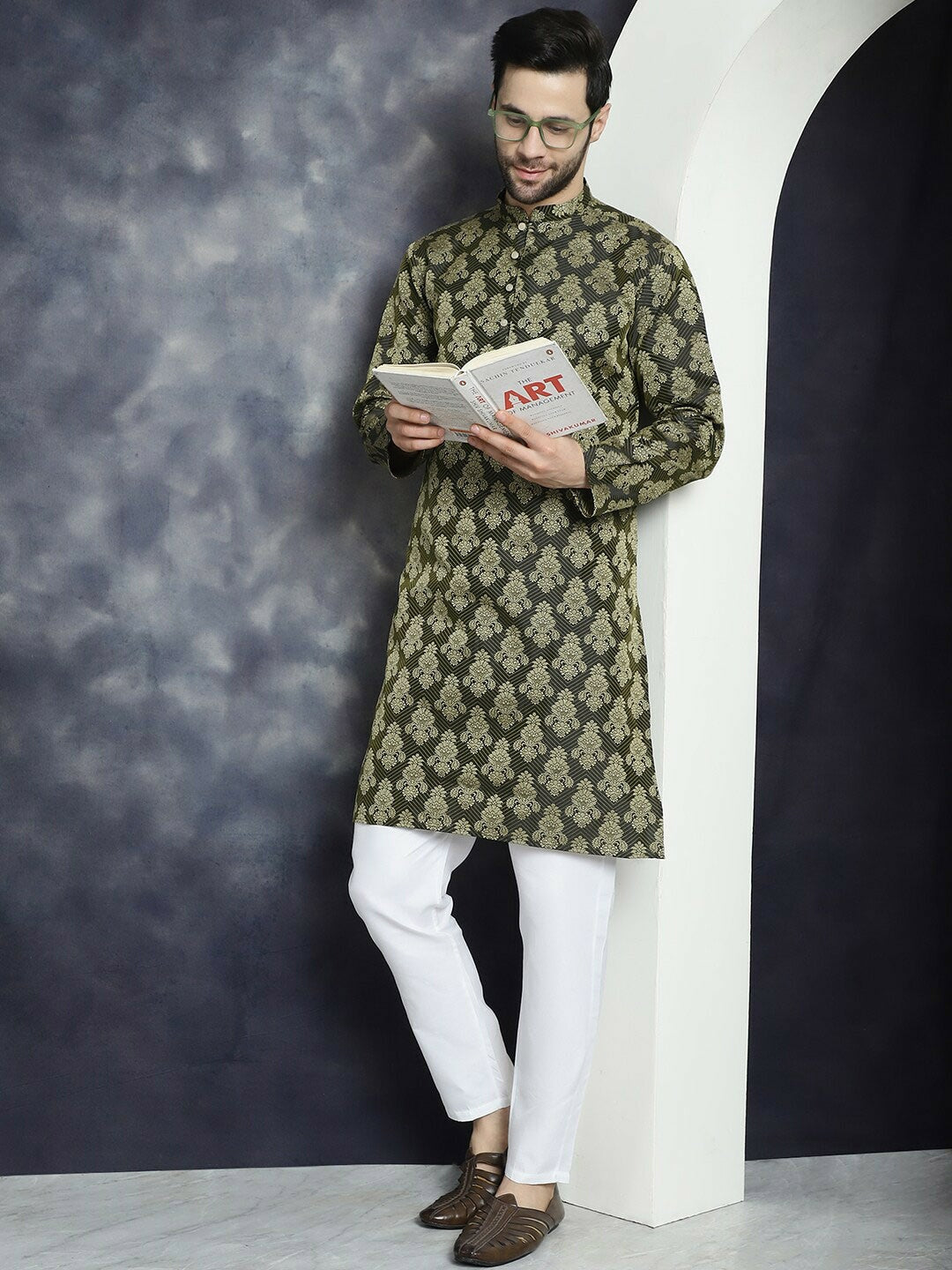 Olive Green Ethnic Motif Jacquard Cotton Silk Kurta with Mandarin Collar