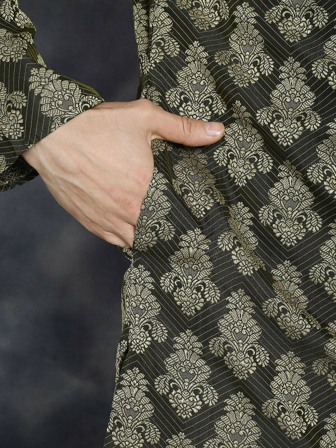 Olive Green Ethnic Motif Jacquard Cotton Silk Kurta with Mandarin Collar