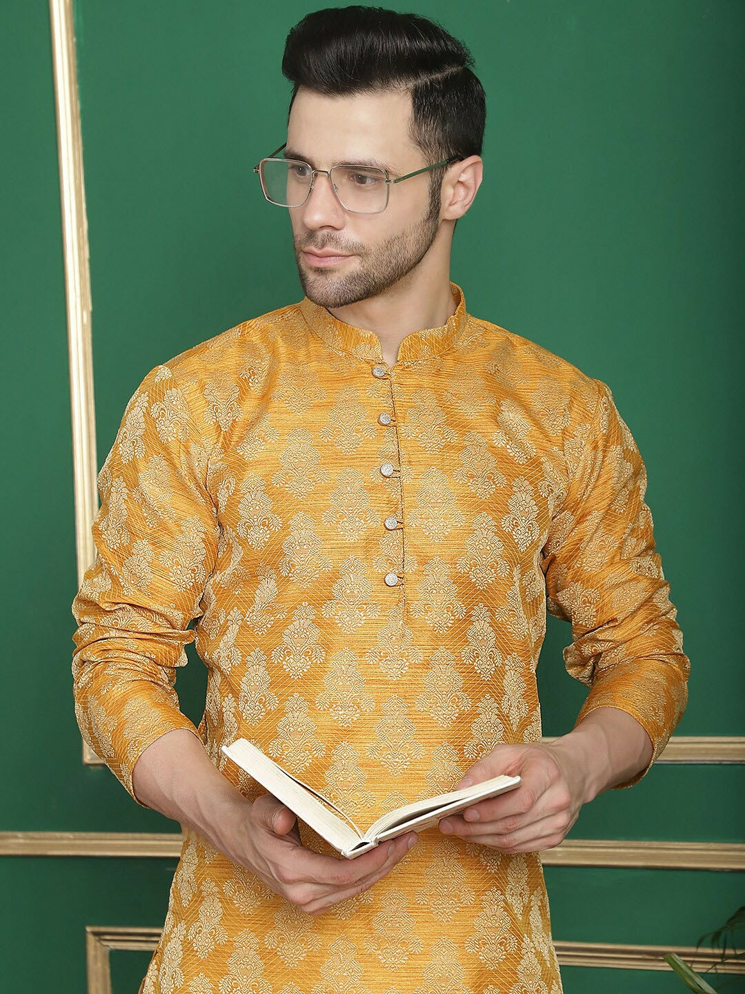 Mustard Yellow Jacquard Silk Kurta with Thread Work & Layered Style