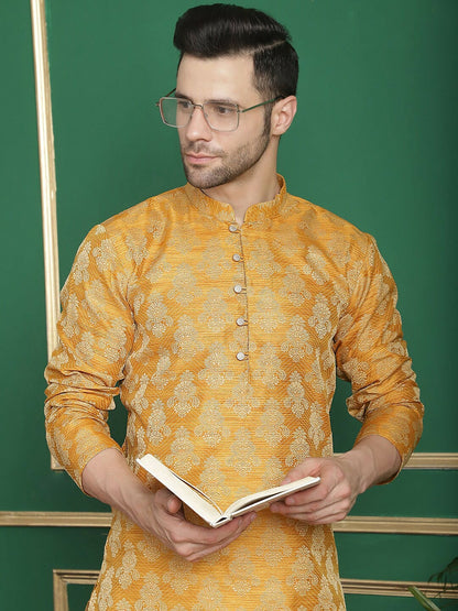 Mustard Yellow Jacquard Silk Kurta with Thread Work & Layered Style