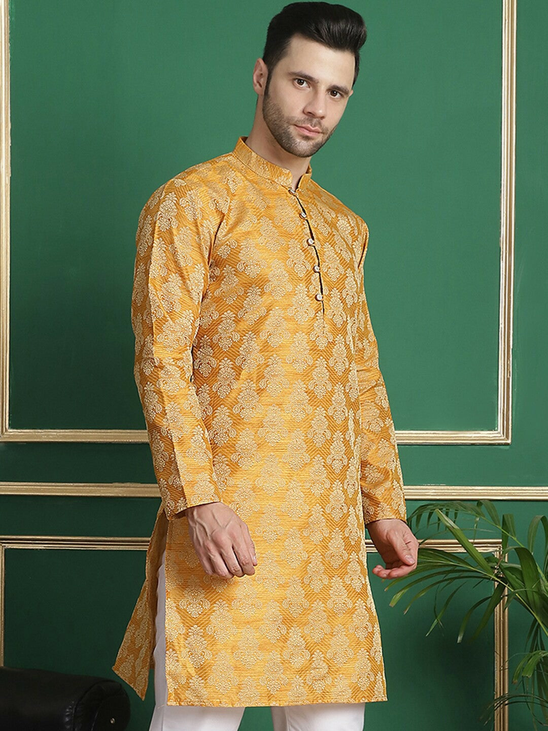 Mustard Yellow Jacquard Silk Kurta with Thread Work & Layered Style