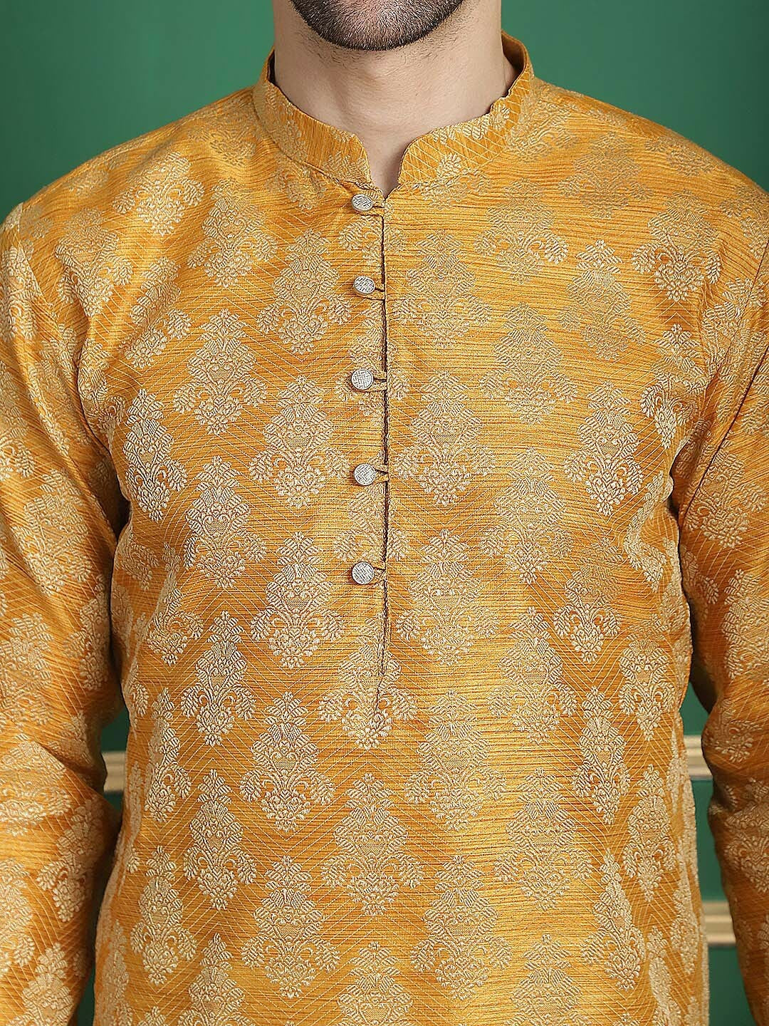 Mustard Yellow Jacquard Silk Kurta with Thread Work & Layered Style