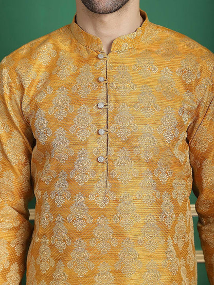 Mustard Yellow Jacquard Silk Kurta with Thread Work & Layered Style