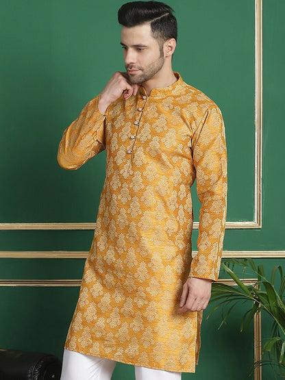 Mustard Yellow Jacquard Silk Kurta with Thread Work & Layered Style