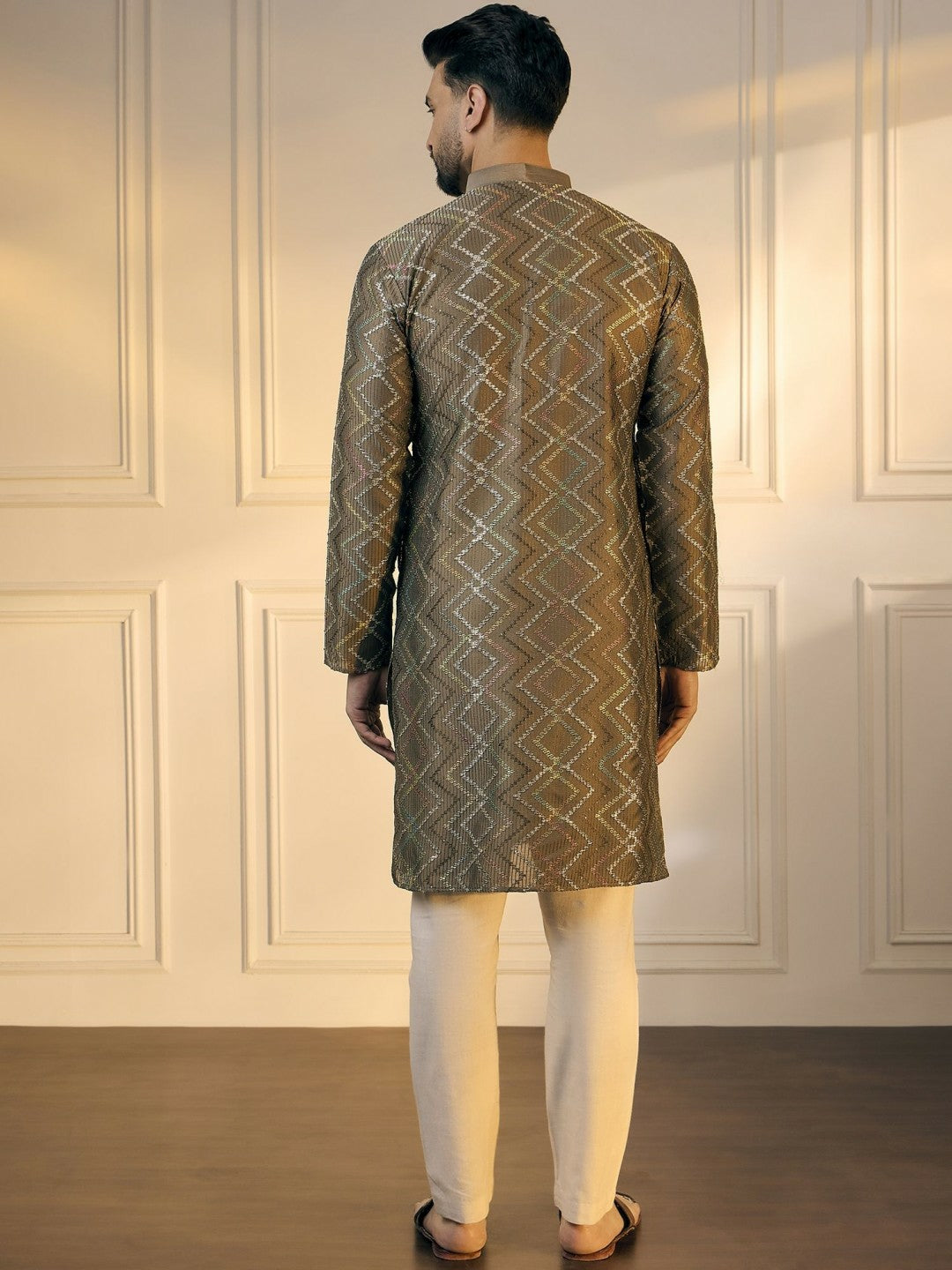 Men’s Grey Chevron Embroidered Cotton Kurta with Gotta Patti