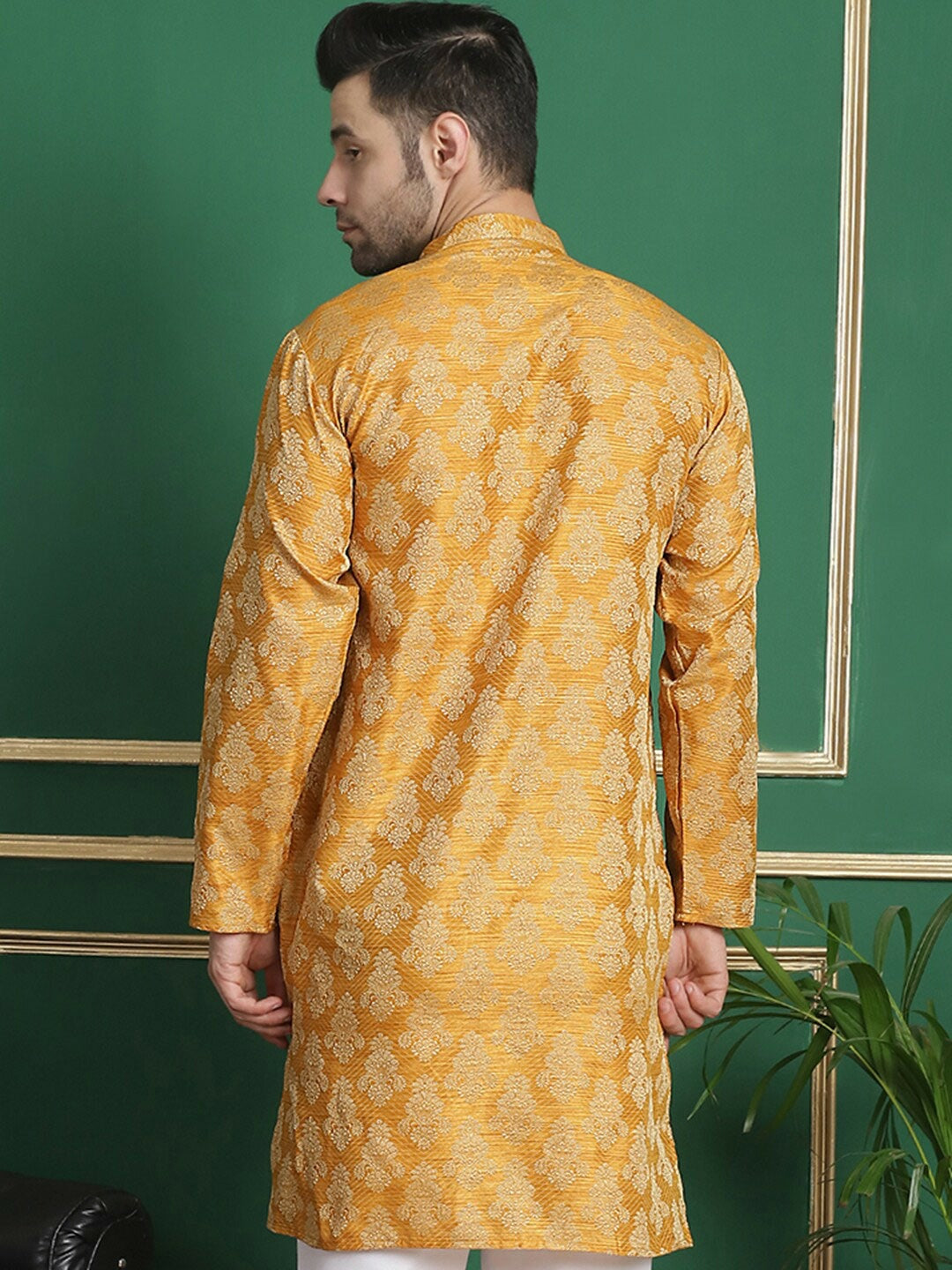 Mustard Yellow Jacquard Silk Kurta with Thread Work & Layered Style