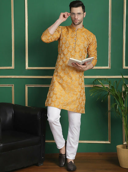 Mustard Yellow Jacquard Silk Kurta with Thread Work & Layered Style