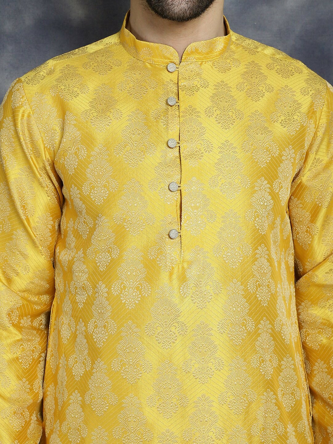 Yellow Jacquard Cotton Silk Kurta with Ethnic Motifs