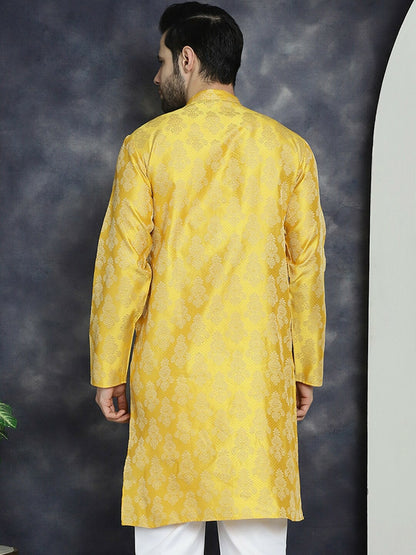 Yellow Jacquard Cotton Silk Kurta with Ethnic Motifs