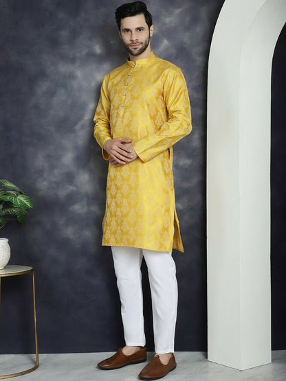 Yellow Jacquard Cotton Silk Kurta with Ethnic Motifs