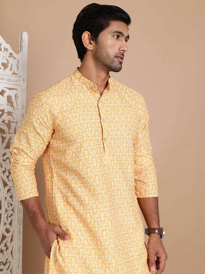 Yellow Floral Printed Kurta with Sequin Detailing